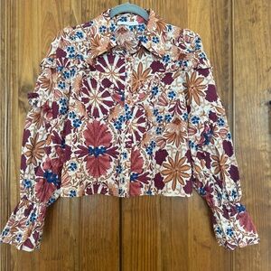 Olivaceous Floral Top with Blue and Brown Accents